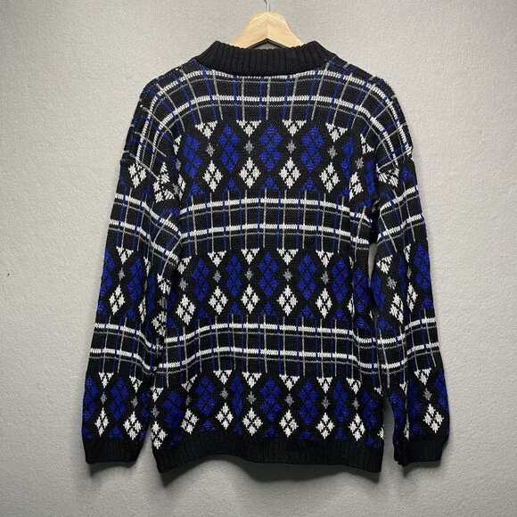 Vintage Separate Issue Mens Small Geometric Argyle Sweater Black Blue White - Picture 5 of 6